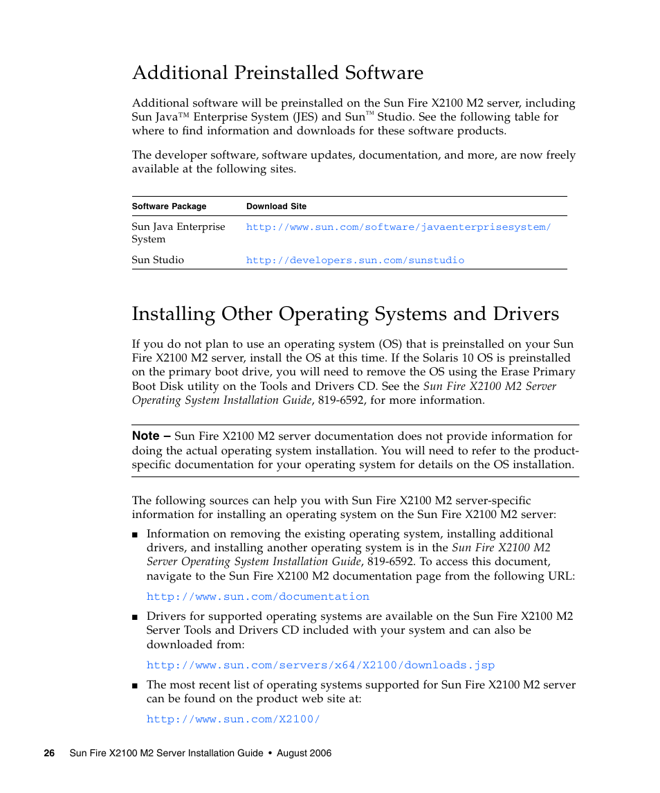 Additional preinstalled software, Installing other operating systems and drivers, Installing other operating systems and | Additional preinstalled, Installing other operating | Sun Microsystems Sun Fire X2100 M2 User Manual | Page 30 / 40