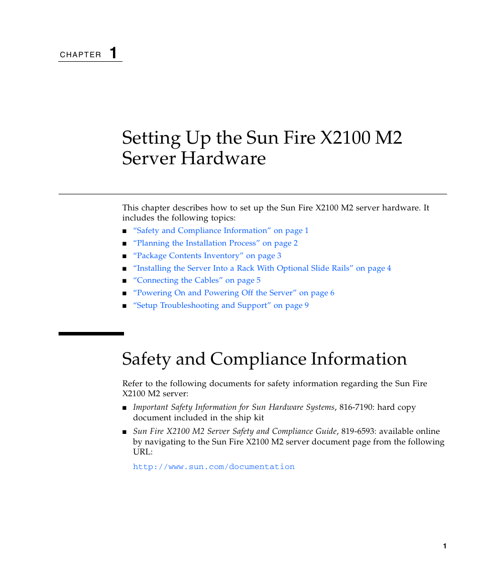 Setting up the sun fire x2100 m2 server hardware, Safety and compliance information | Sun Microsystems Sun Fire X2100 M2 User Manual | Page 5 / 40