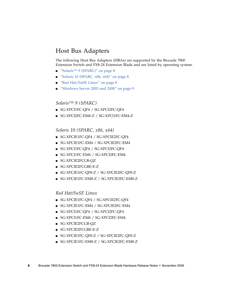 Host bus adapters, Solaris™ 9 (sparc), Red hat/suse linux | Sun Microsystems Brocade Extension Switch 7800 User Manual | Page 10 / 16