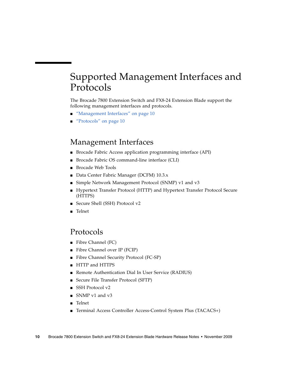 Supported management interfaces and protocols, Management interfaces, Protocols | Sun Microsystems Brocade Extension Switch 7800 User Manual | Page 12 / 16