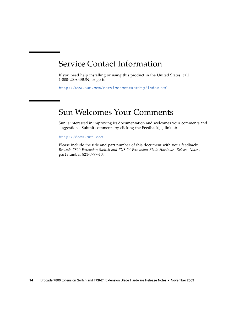 Service contact information, Sun welcomes your comments | Sun Microsystems Brocade Extension Switch 7800 User Manual | Page 16 / 16