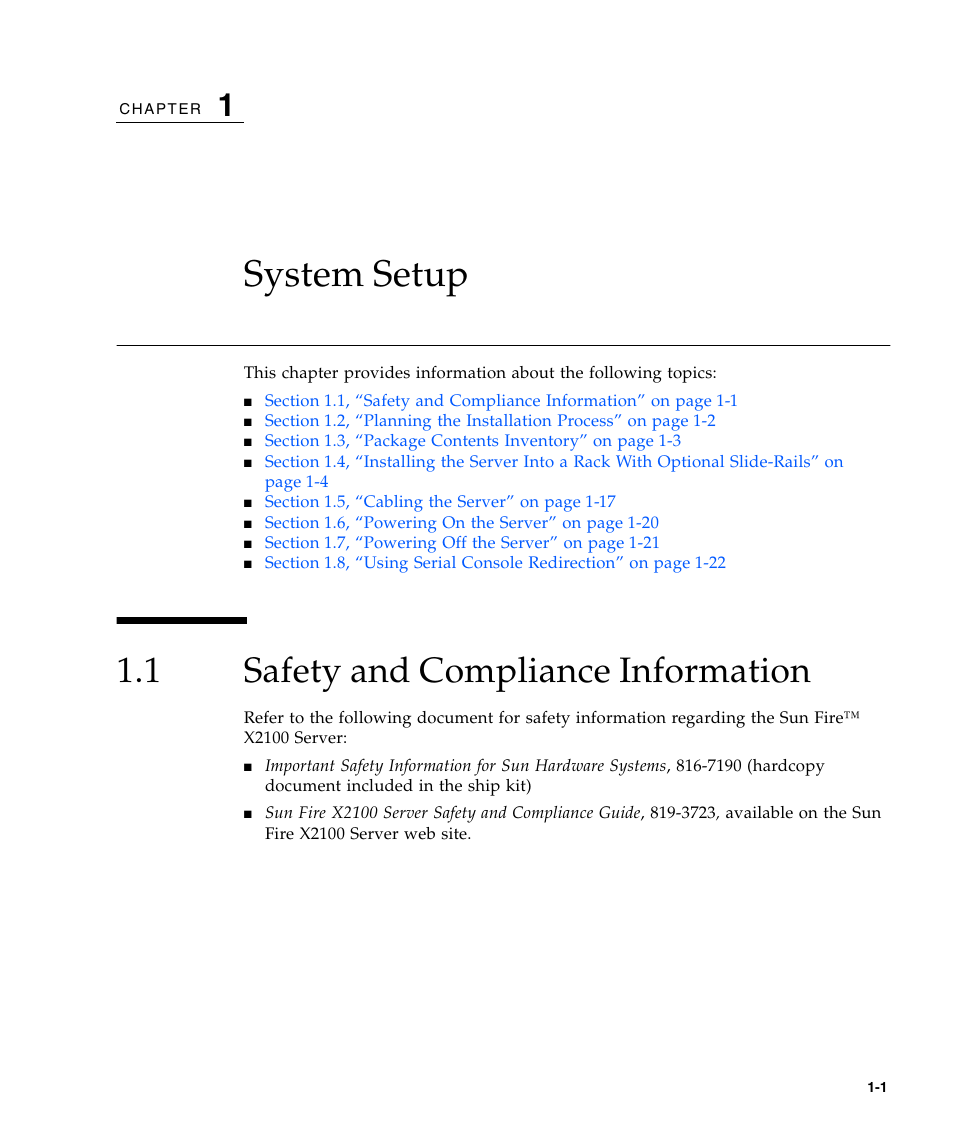 System setup, 1 safety and compliance information, Safety and compliance information | Chapter | Sun Microsystems SUN FIRE X2100 User Manual | Page 11 / 78