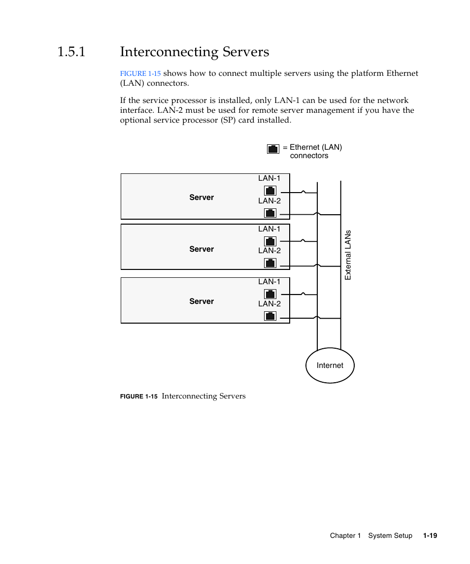 1 interconnecting servers, Interconnecting servers, Section | For information on how to | Sun Microsystems SUN FIRE X2100 User Manual | Page 29 / 78