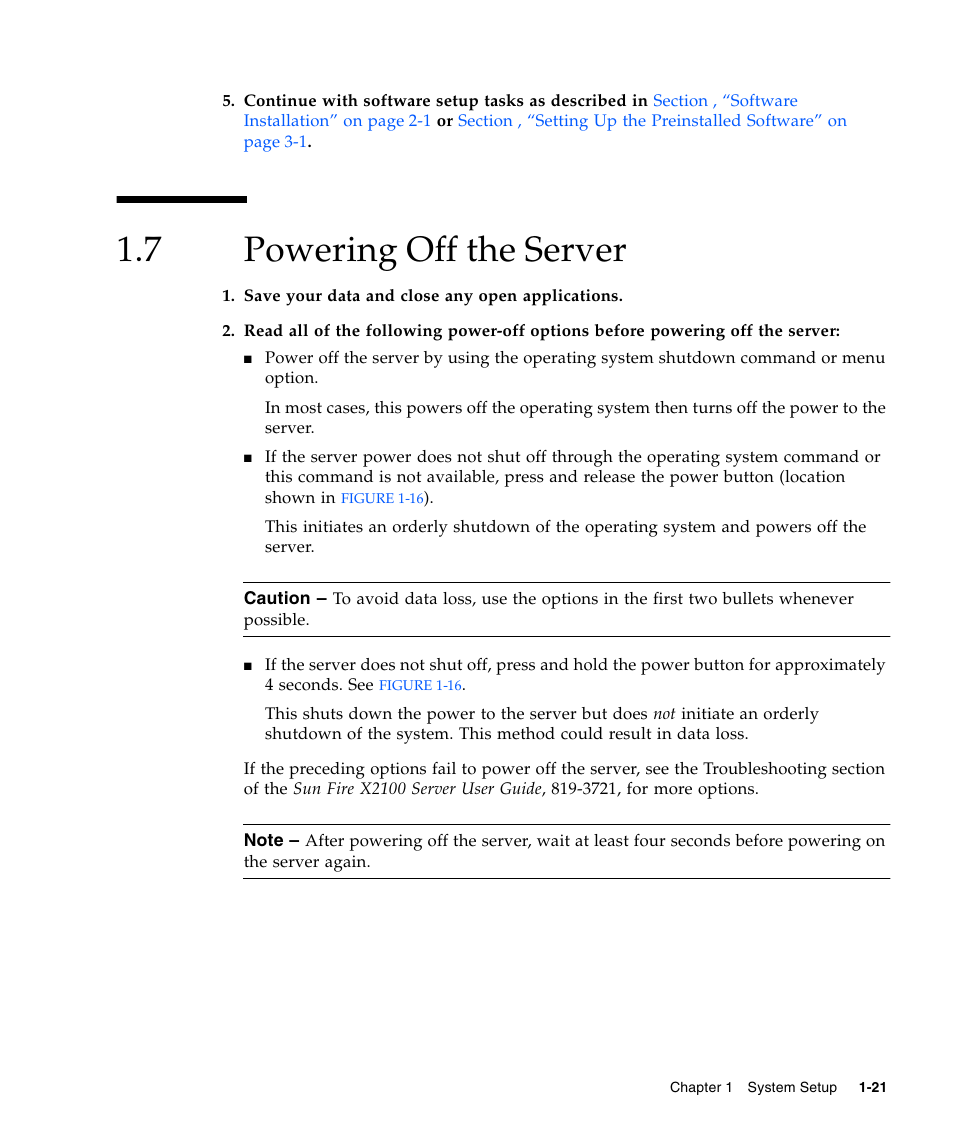 7 powering off the server, Powering off the server, Section | Sun Microsystems SUN FIRE X2100 User Manual | Page 31 / 78