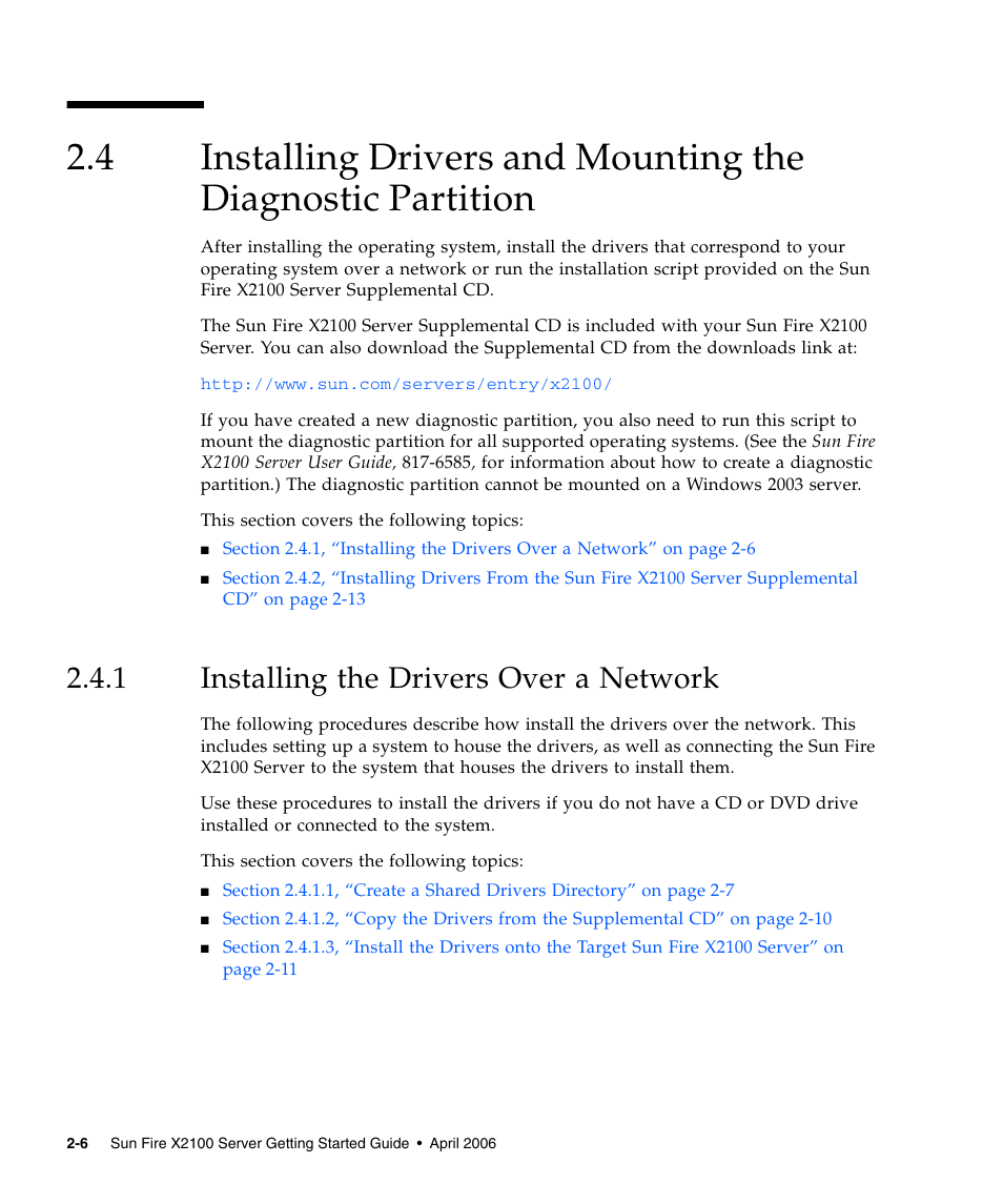 1 installing the drivers over a network, Installing the drivers over a network, Section | Installing, Drivers, 1, “installing the drivers over a network | Sun Microsystems SUN FIRE X2100 User Manual | Page 40 / 78