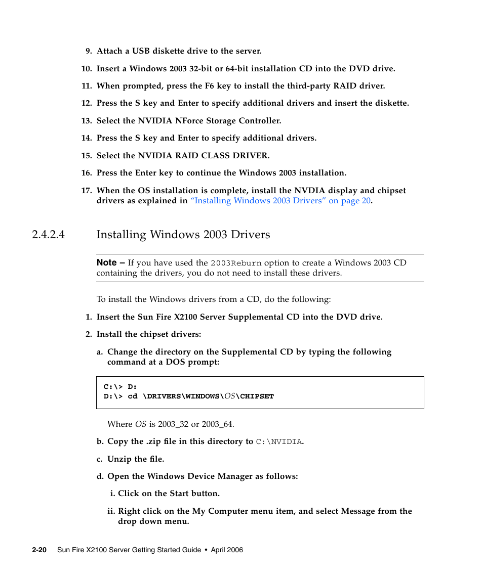 4 installing windows 2003 drivers, Installing windows 2003 drivers, Installing windows 2003 | Sun Microsystems SUN FIRE X2100 User Manual | Page 54 / 78