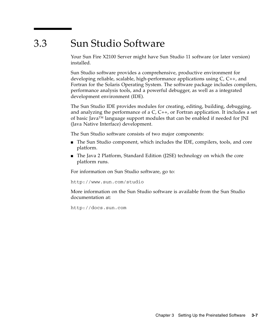 3 sun studio software, Sun studio software, Section | Sun Microsystems SUN FIRE X2100 User Manual | Page 63 / 78