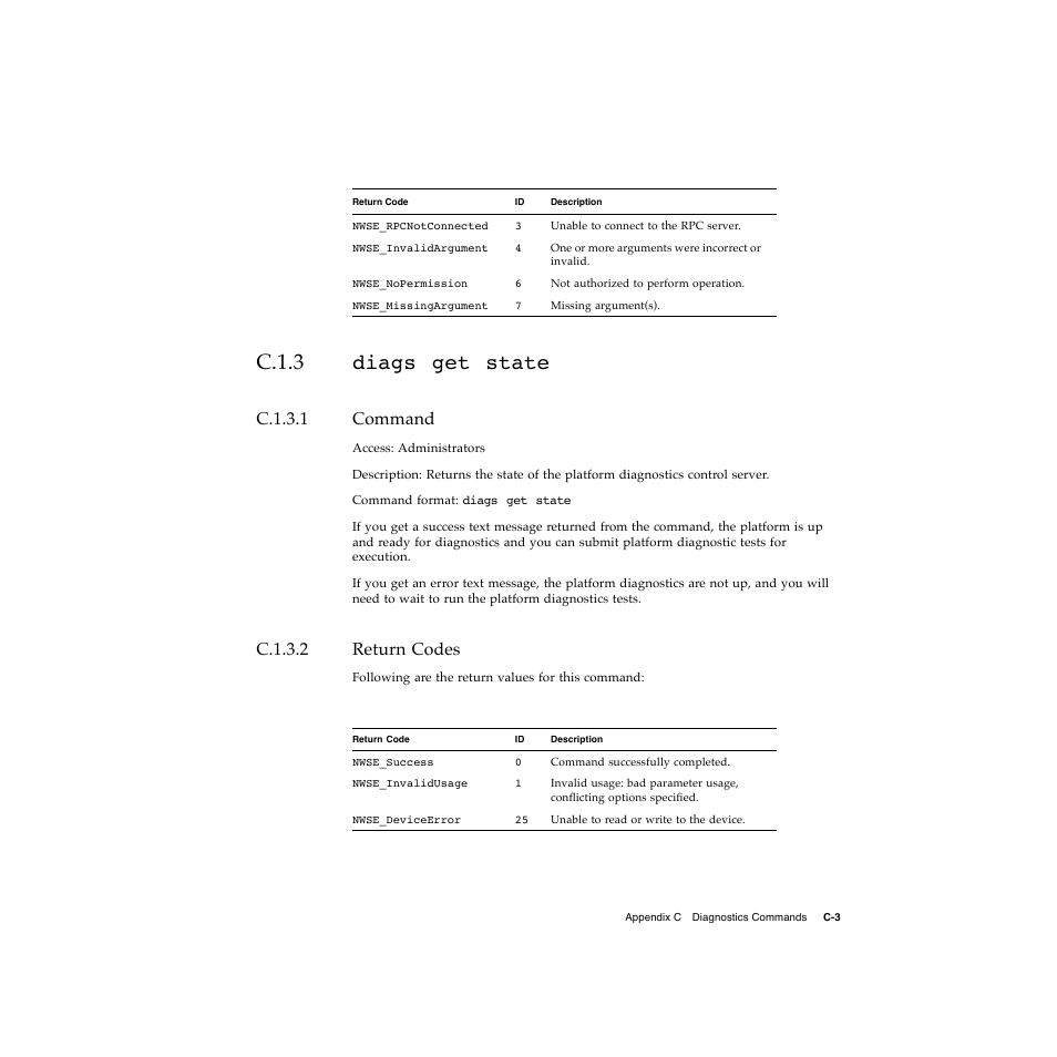 C.1.3 diags get state, C.1.3.1 command, C.1.3.2 return codes | Sun Microsystems Sun Fire V20z User Manual | Page 101 / 106