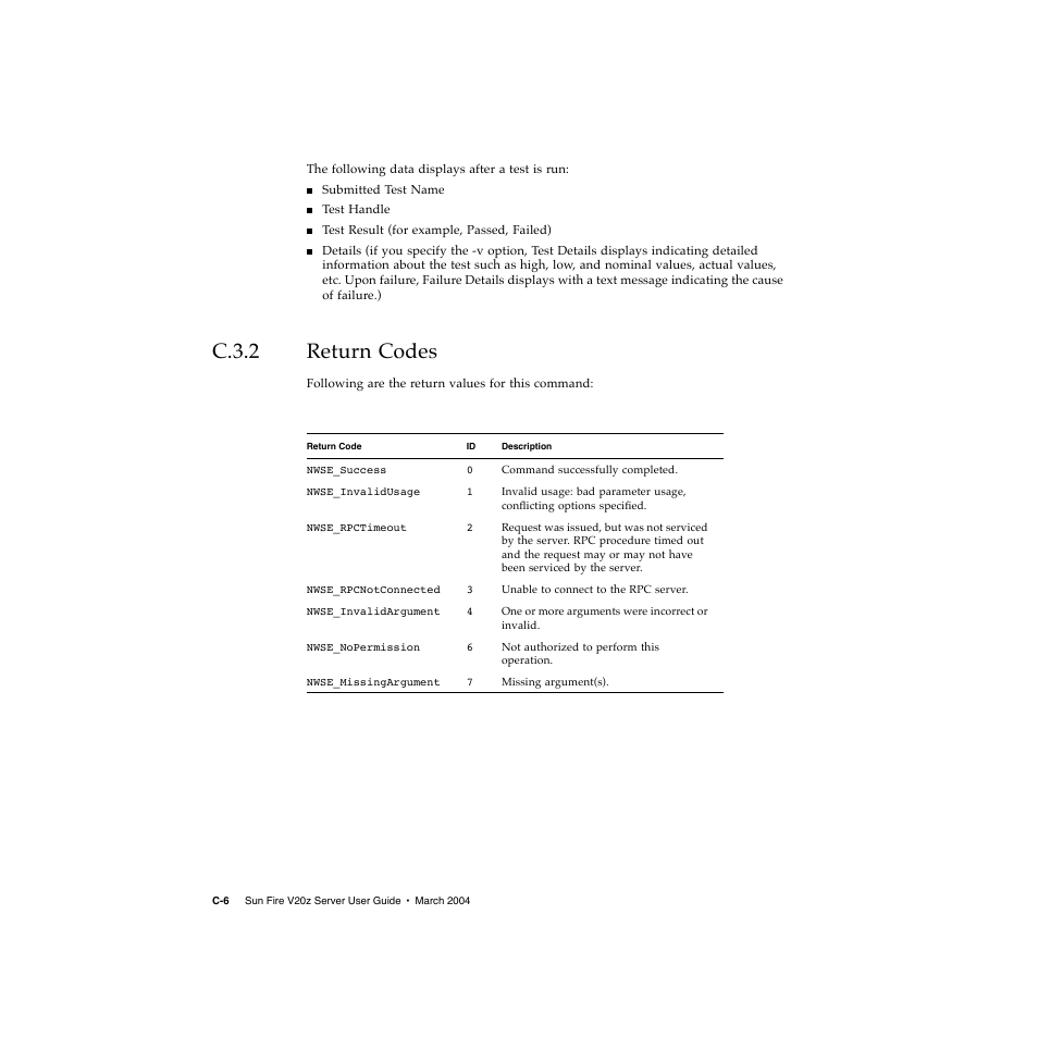 C.3.2 return codes | Sun Microsystems Sun Fire V20z User Manual | Page 104 / 106