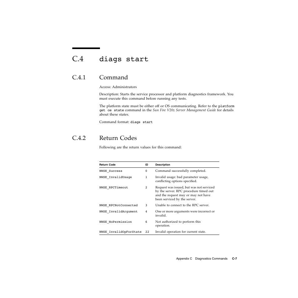 C.4 diags start, C.4.1 command, C.4.2 return codes | Diags start | Sun Microsystems Sun Fire V20z User Manual | Page 105 / 106