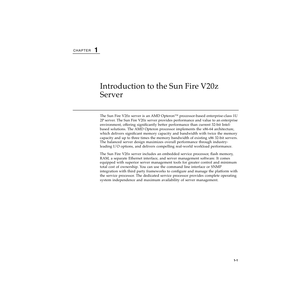 Chapter 1 introduction to the sun fire v20z server, Introduction to the sun fire v20z server 1–1, Chapter 1 contains an overview of the | Introduction to the sun fire v20z server | Sun Microsystems Sun Fire V20z User Manual | Page 11 / 106