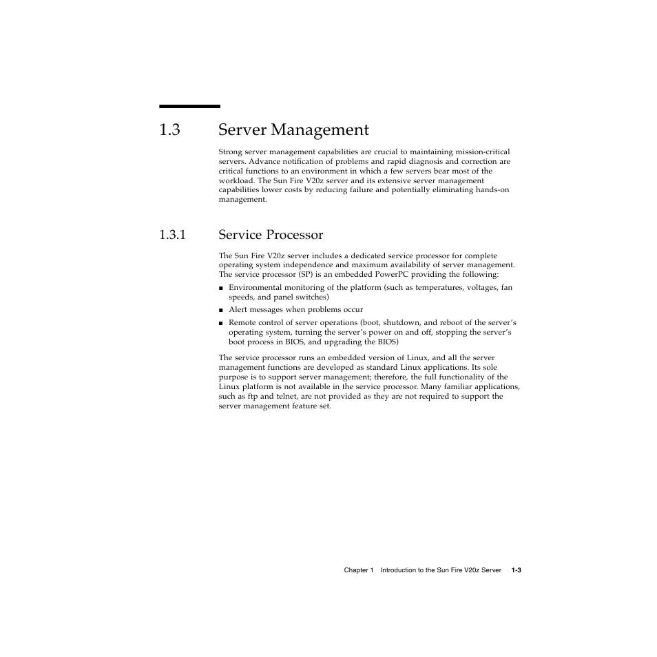 3 server management, 1 service processor, Server management 1–3 | Service processor 1–3 | Sun Microsystems Sun Fire V20z User Manual | Page 13 / 106