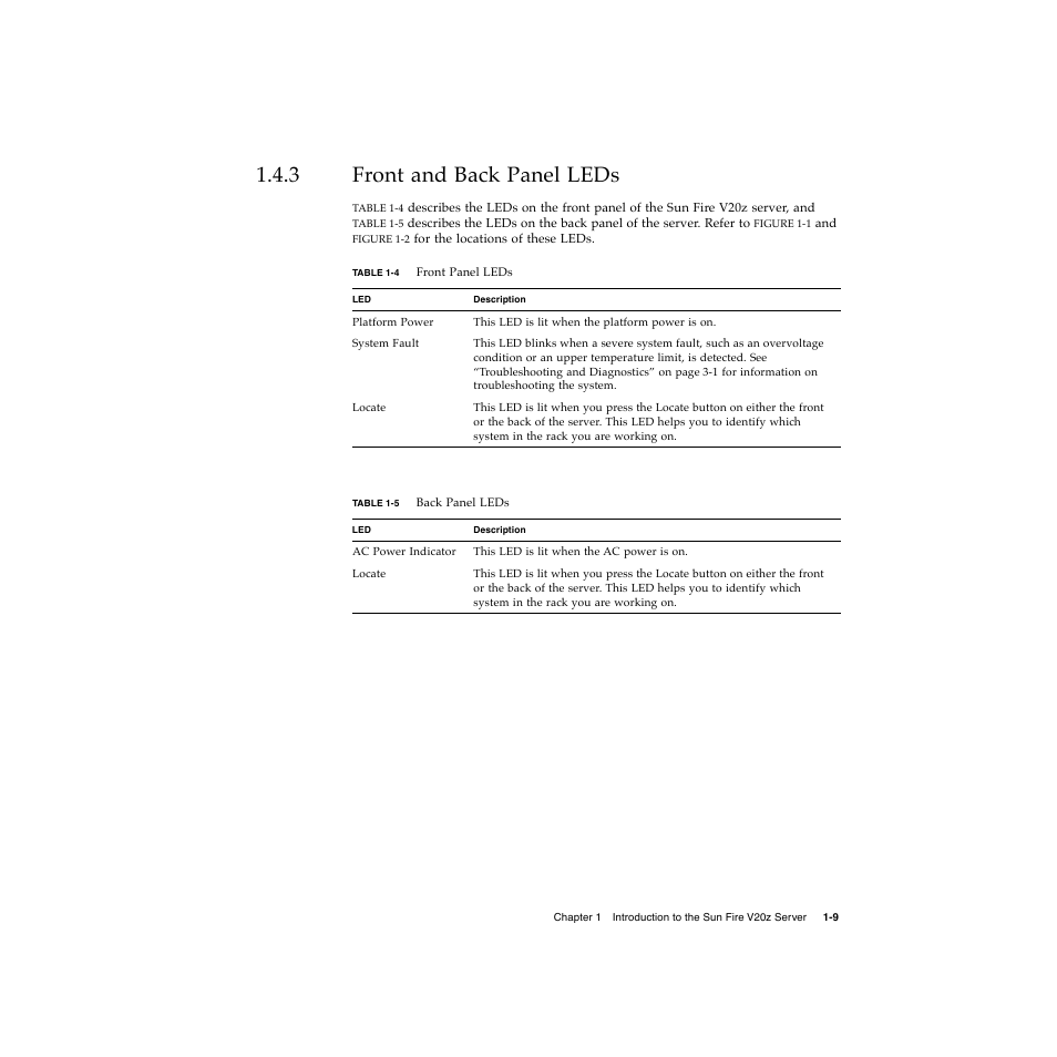 3 front and back panel leds, Front and back panel leds 1–9 | Sun Microsystems Sun Fire V20z User Manual | Page 19 / 106