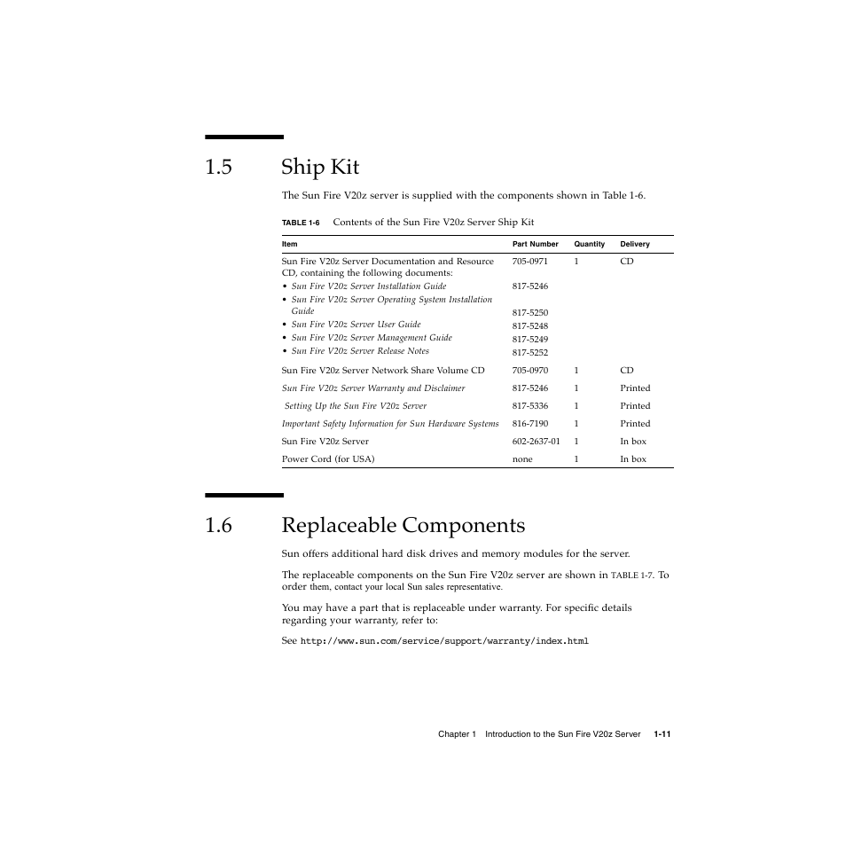 5 ship kit, 6 replaceable components, Ship kit 1–11 | Replaceable components 1–11 | Sun Microsystems Sun Fire V20z User Manual | Page 21 / 106