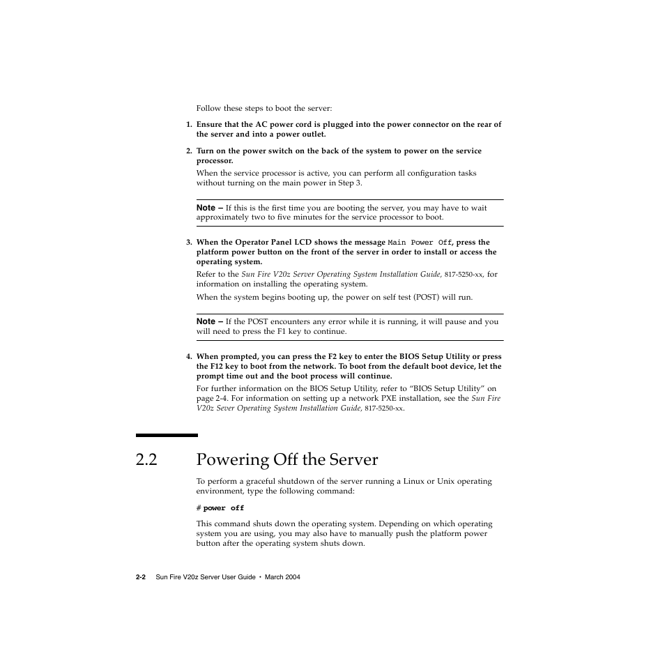 2 powering off the server, Powering off the server 2–2 | Sun Microsystems Sun Fire V20z User Manual | Page 26 / 106