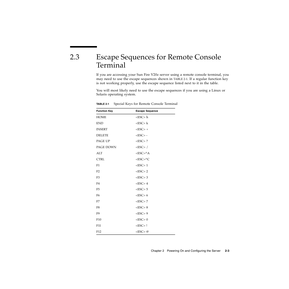 3 escape sequences for remote console terminal, Escape sequences for remote console terminal 2–3 | Sun Microsystems Sun Fire V20z User Manual | Page 27 / 106