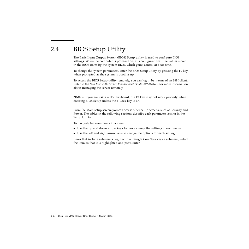 4 bios setup utility, Bios setup utility 2–4 | Sun Microsystems Sun Fire V20z User Manual | Page 28 / 106