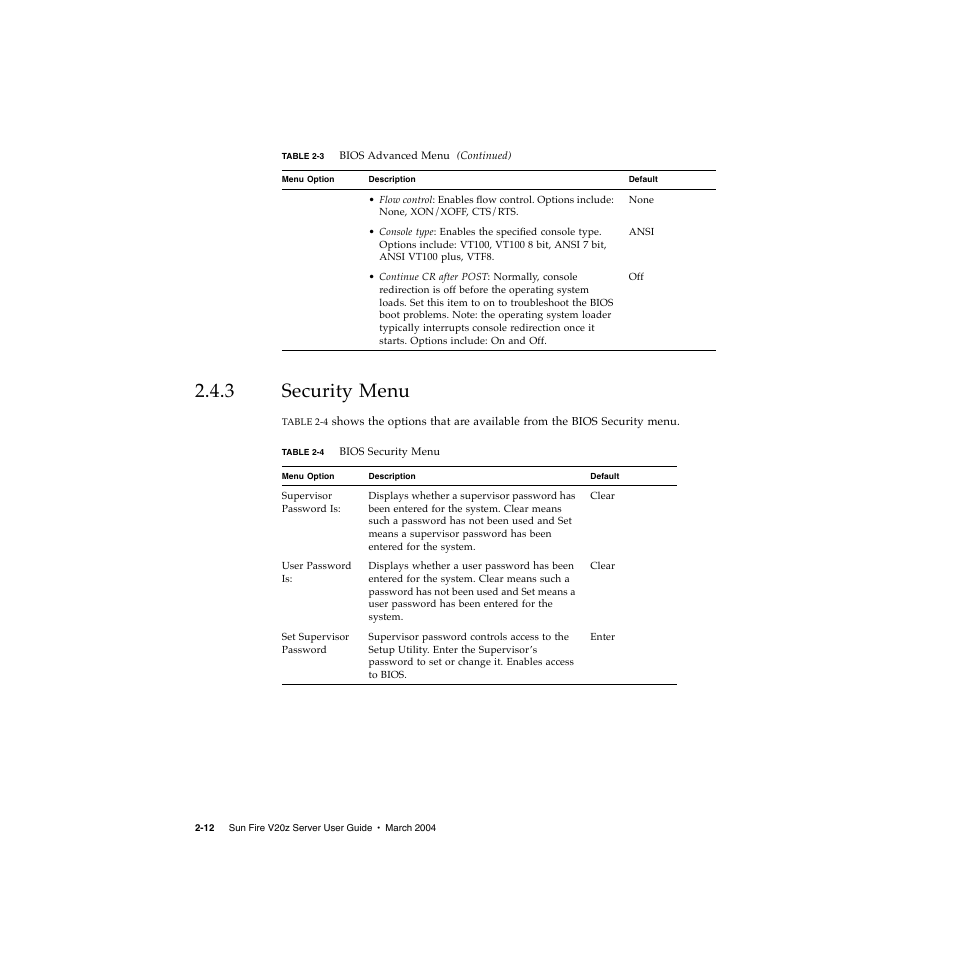 3 security menu, Security menu 2–12 | Sun Microsystems Sun Fire V20z User Manual | Page 36 / 106