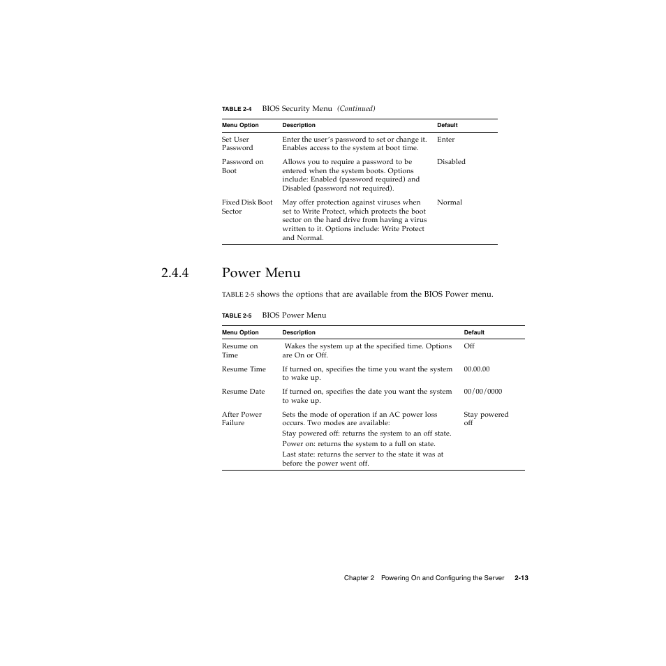 4 power menu, Power menu 2–13 | Sun Microsystems Sun Fire V20z User Manual | Page 37 / 106