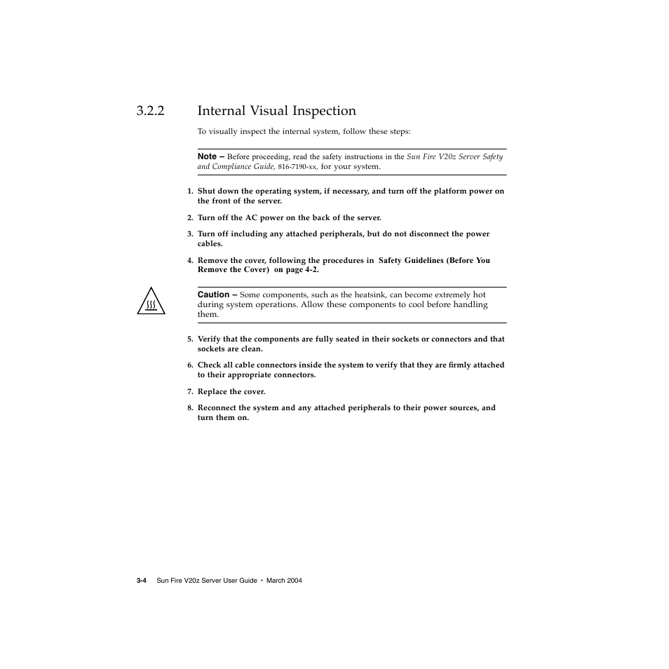 2 internal visual inspection, Internal visual inspection 3–4 | Sun Microsystems Sun Fire V20z User Manual | Page 44 / 106