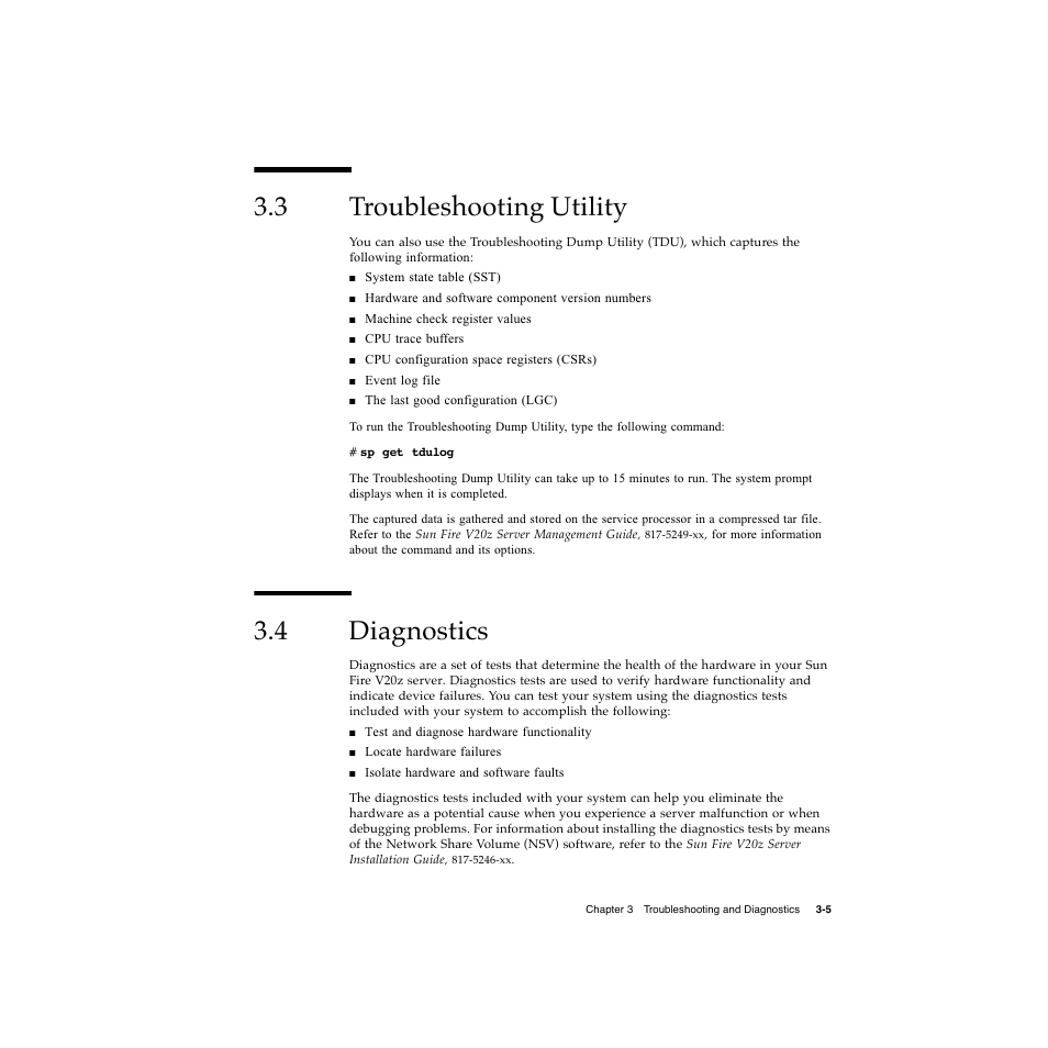 3 troubleshooting utility, 4 diagnostics, Troubleshooting utility 3–5 | Diagnostics 3–5 | Sun Microsystems Sun Fire V20z User Manual | Page 45 / 106