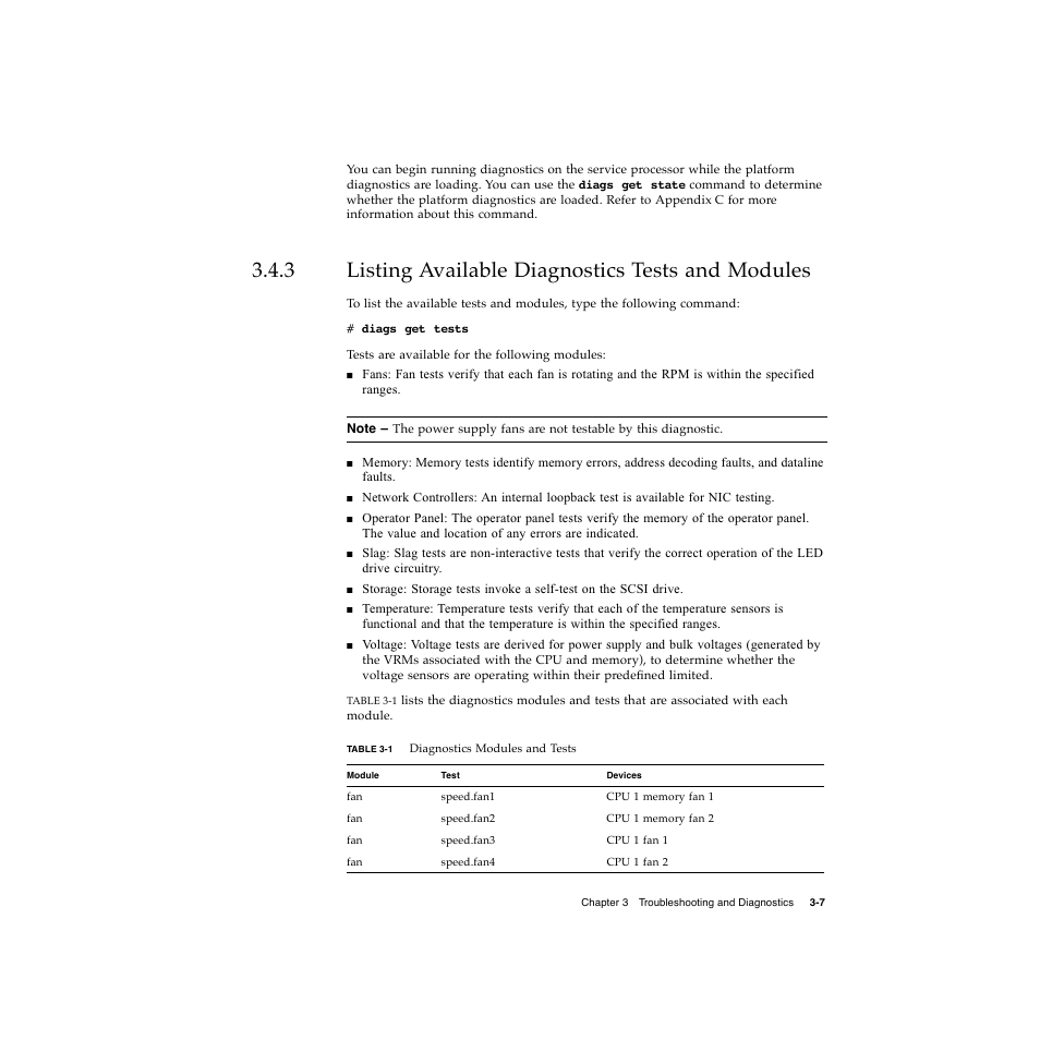 3 listing available diagnostics tests and modules | Sun Microsystems Sun Fire V20z User Manual | Page 47 / 106