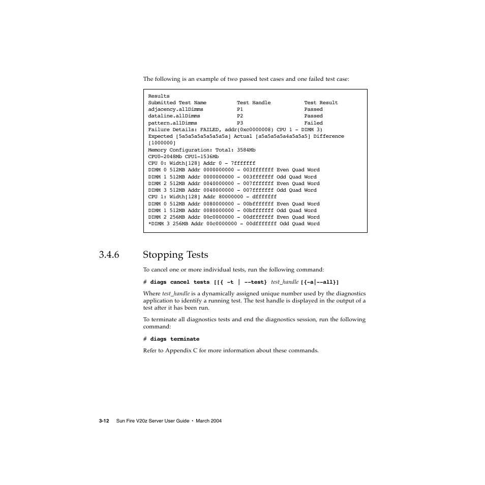 6 stopping tests, Stopping tests 3–12 | Sun Microsystems Sun Fire V20z User Manual | Page 52 / 106