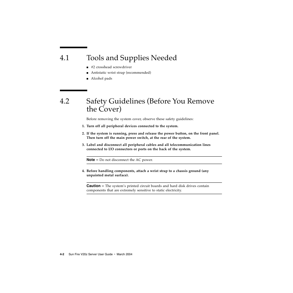 1 tools and supplies needed, 2 safety guidelines (before you remove the cover), Tools and supplies needed 4–2 | Sun Microsystems Sun Fire V20z User Manual | Page 54 / 106