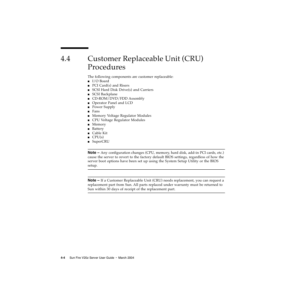 4 customer replaceable unit (cru) procedures, Customer replaceable unit (cru) procedures 4–4 | Sun Microsystems Sun Fire V20z User Manual | Page 56 / 106