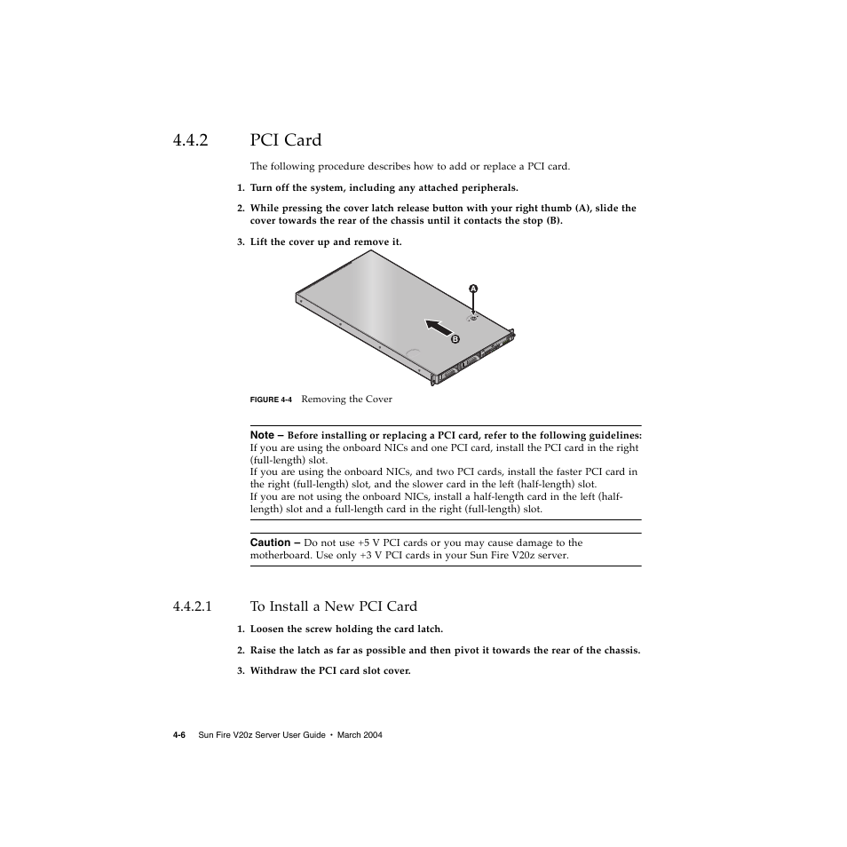 2 pci card, 1 to install a new pci card, Pci card 4–6 | To install a new pci card 4–6 | Sun Microsystems Sun Fire V20z User Manual | Page 58 / 106