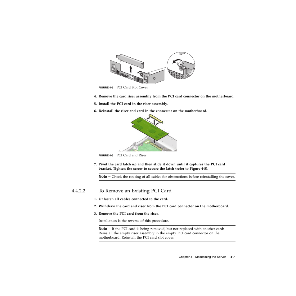 2 to remove an existing pci card, To remove an existing pci card 4–7 | Sun Microsystems Sun Fire V20z User Manual | Page 59 / 106