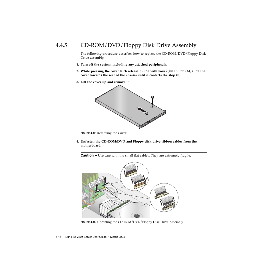 5 cd-rom/dvd/floppy disk drive assembly, Cd-rom/dvd/floppy disk drive assembly 4–14 | Sun Microsystems Sun Fire V20z User Manual | Page 66 / 106