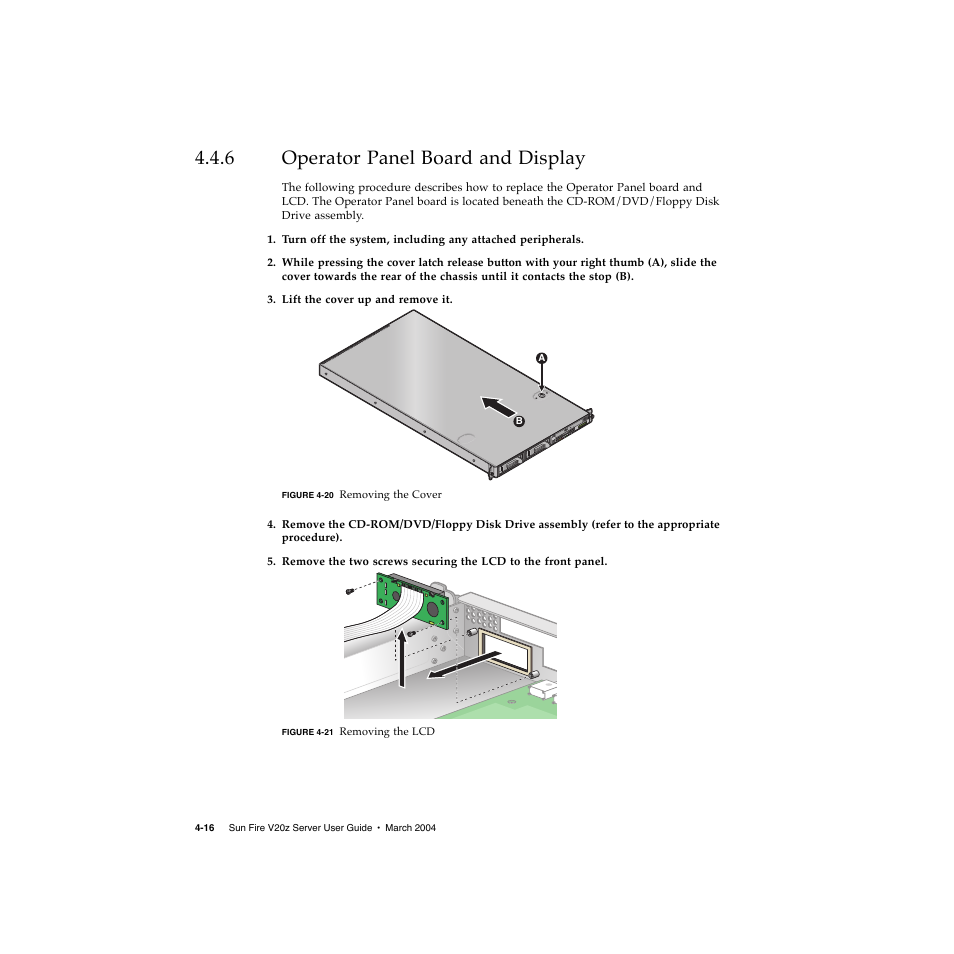 6 operator panel board and display, Operator panel board and display 4–16 | Sun Microsystems Sun Fire V20z User Manual | Page 68 / 106