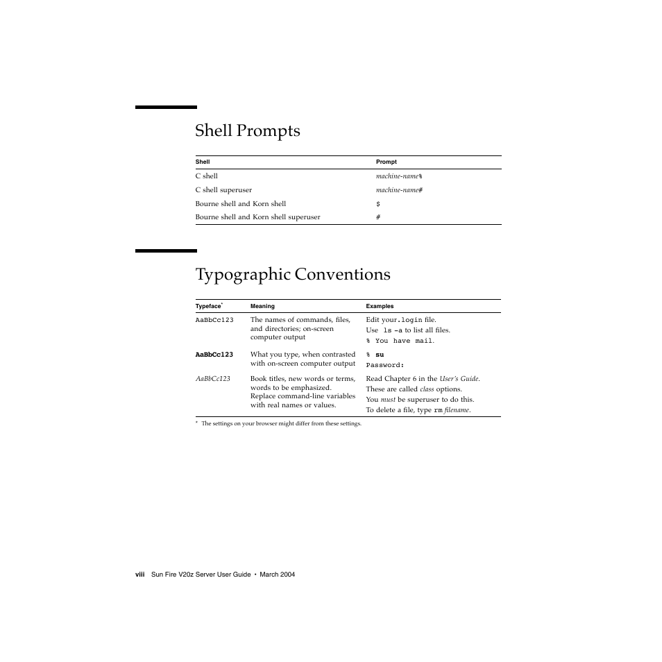 Shell prompts, Typographic conventions, Shell prompts typographic conventions | Sun Microsystems Sun Fire V20z User Manual | Page 8 / 106