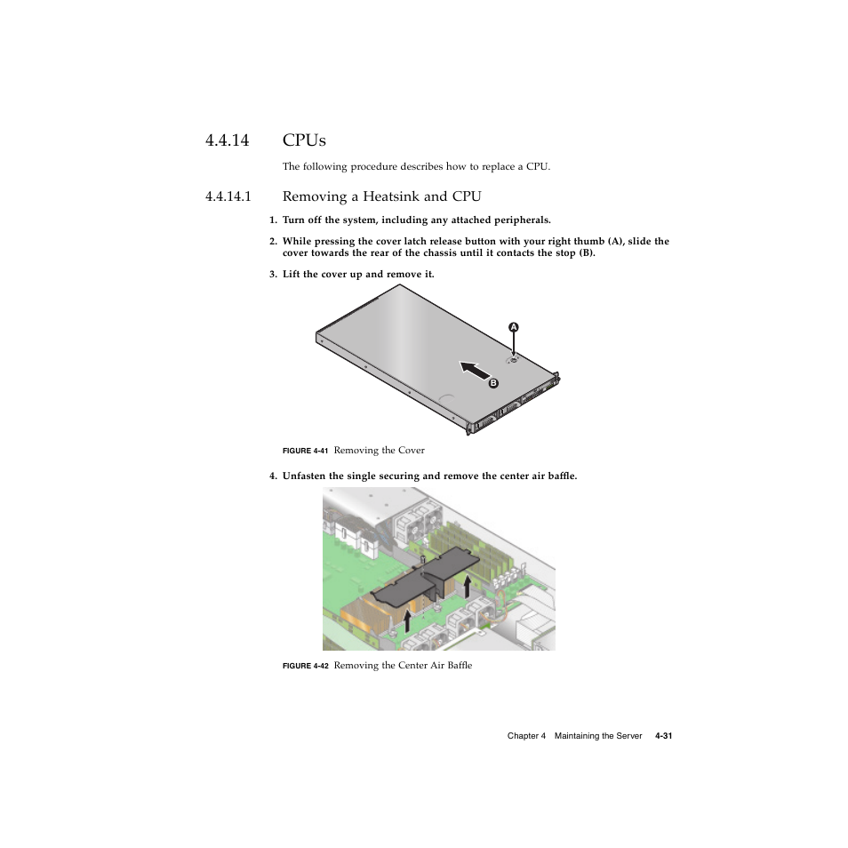 14 cpus, 1 removing a heatsink and cpu, 14 cpus 4–31 | Removing a heatsink and cpu 4–31 | Sun Microsystems Sun Fire V20z User Manual | Page 83 / 106