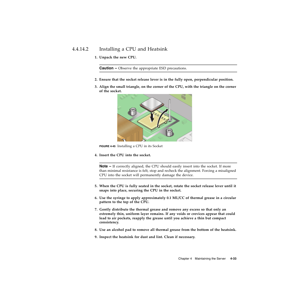 2 installing a cpu and heatsink, Installing a cpu and heatsink 4–33 | Sun Microsystems Sun Fire V20z User Manual | Page 85 / 106