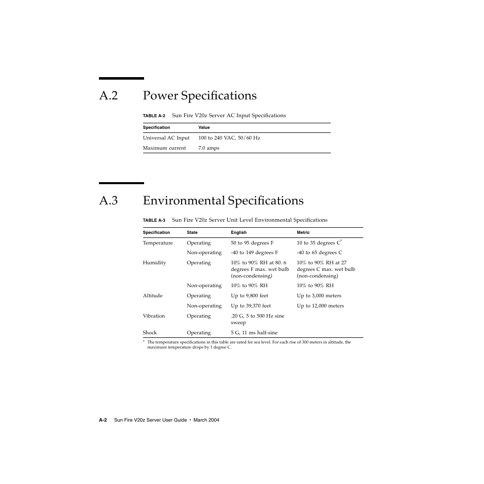 A.2 power specifications, A.3 environmental specifications, Power specifications a–2 | Environmental specifications a–2 | Sun Microsystems Sun Fire V20z User Manual | Page 90 / 106