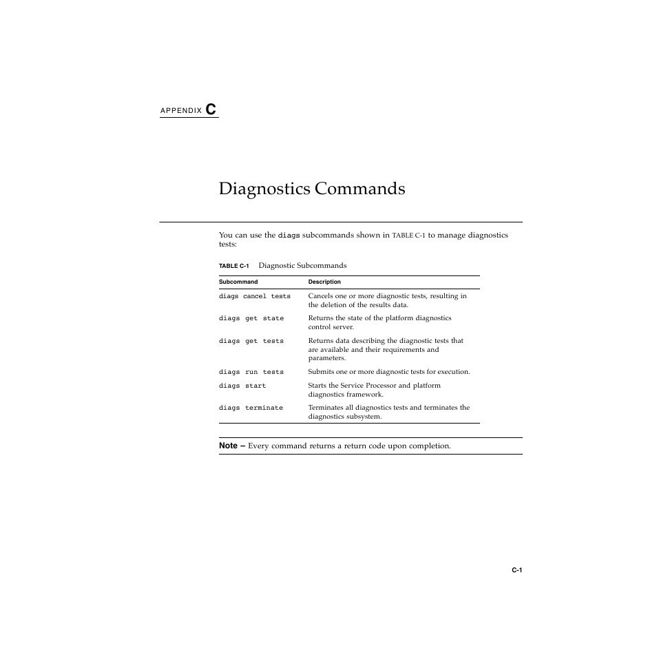 Appendix c diagnostics commands, C. diagnostics commands c–1, Appendix c contains r | Diagnostics commands | Sun Microsystems Sun Fire V20z User Manual | Page 99 / 106