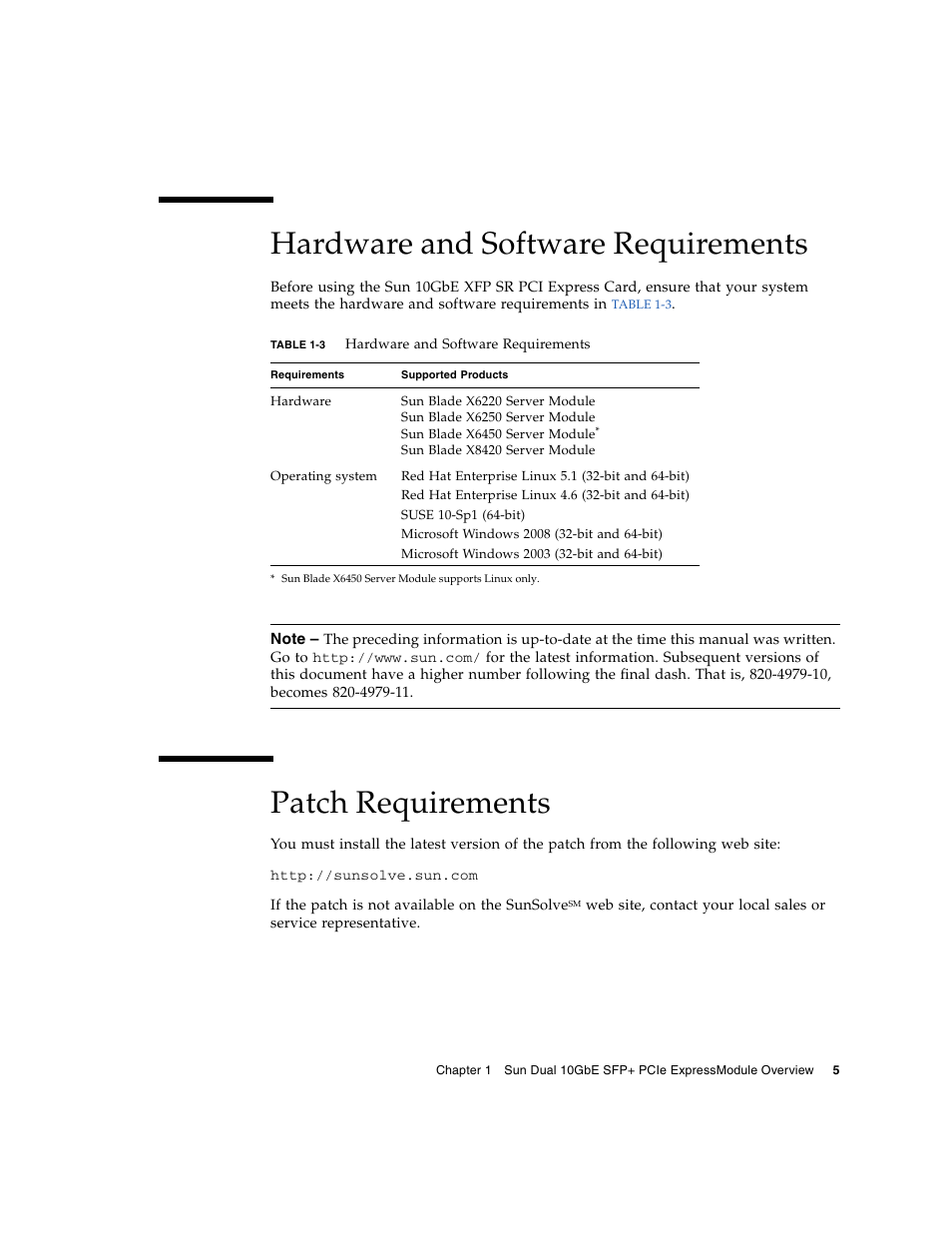 Hardware and software requirements, Patch requirements | Sun Microsystems 5945532 User Manual | Page 23 / 58