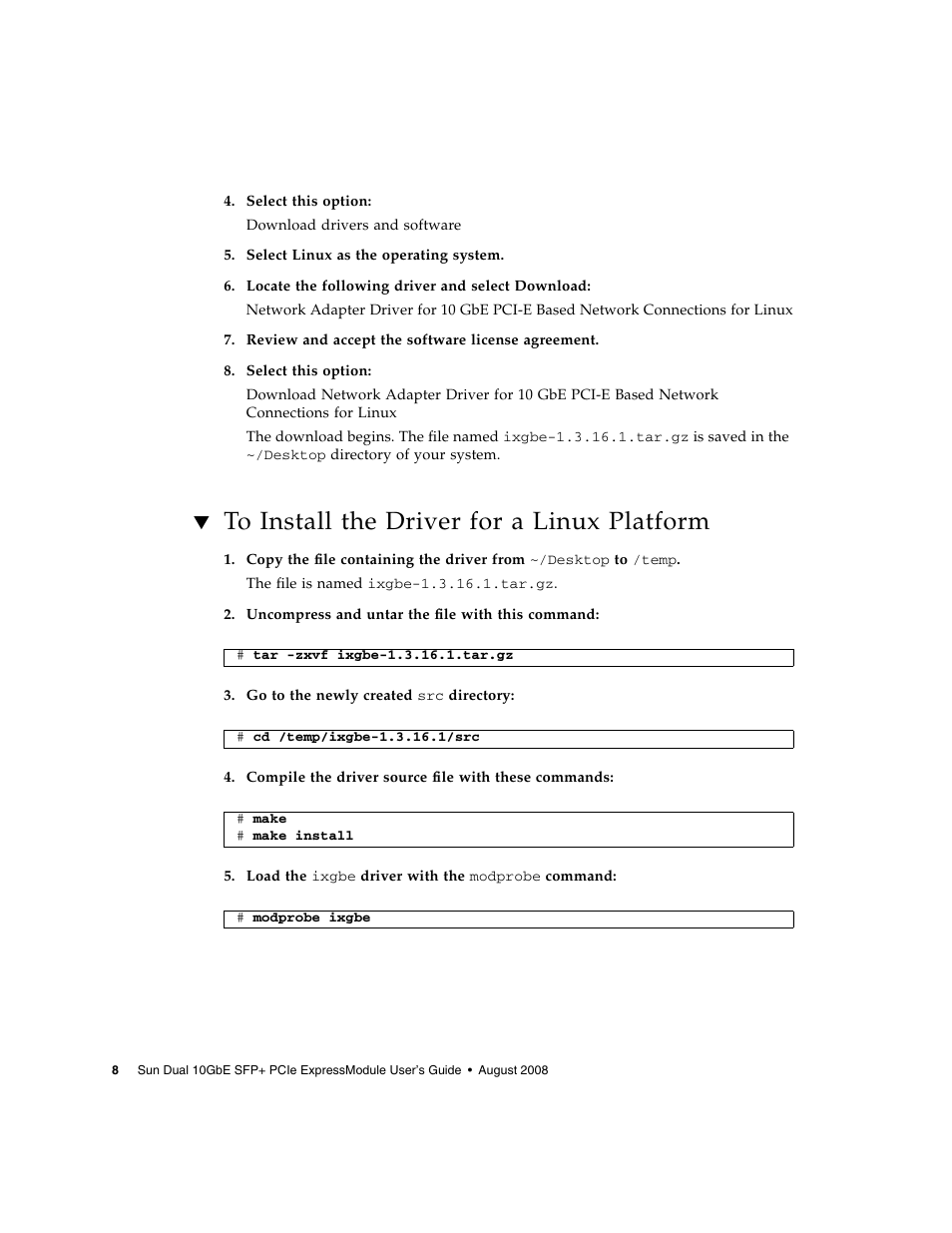 To install the driver for a linux platform | Sun Microsystems 5945532 User Manual | Page 26 / 58