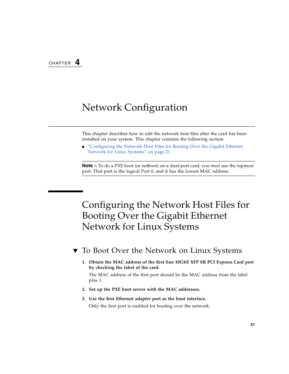 Network configuration, To boot over the network on linux systems, Network for linux systems | Chapter 4 | Sun Microsystems 5945532 User Manual | Page 39 / 58