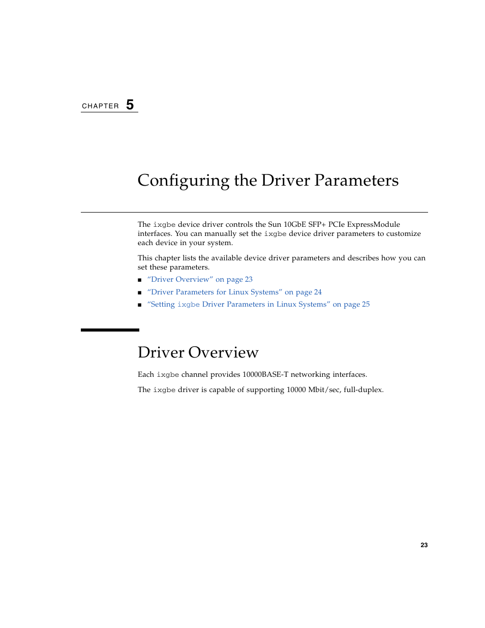 Configuring the driver parameters, Driver overview, Chapter 5 | Sun Microsystems 5945532 User Manual | Page 41 / 58