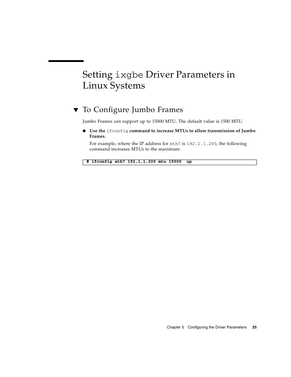 Setting ixgbe driver parameters in linux systems, To configure jumbo frames, Setting | Sun Microsystems 5945532 User Manual | Page 43 / 58