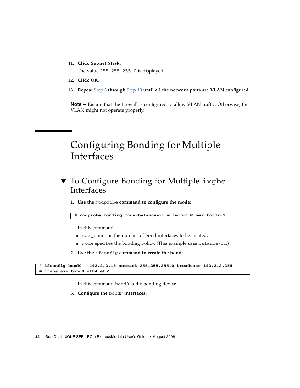 Configuring bonding for multiple interfaces, To configure bonding for multiple ixgbe interfaces, To configure bonding for multiple ixgbe | Sun Microsystems 5945532 User Manual | Page 50 / 58