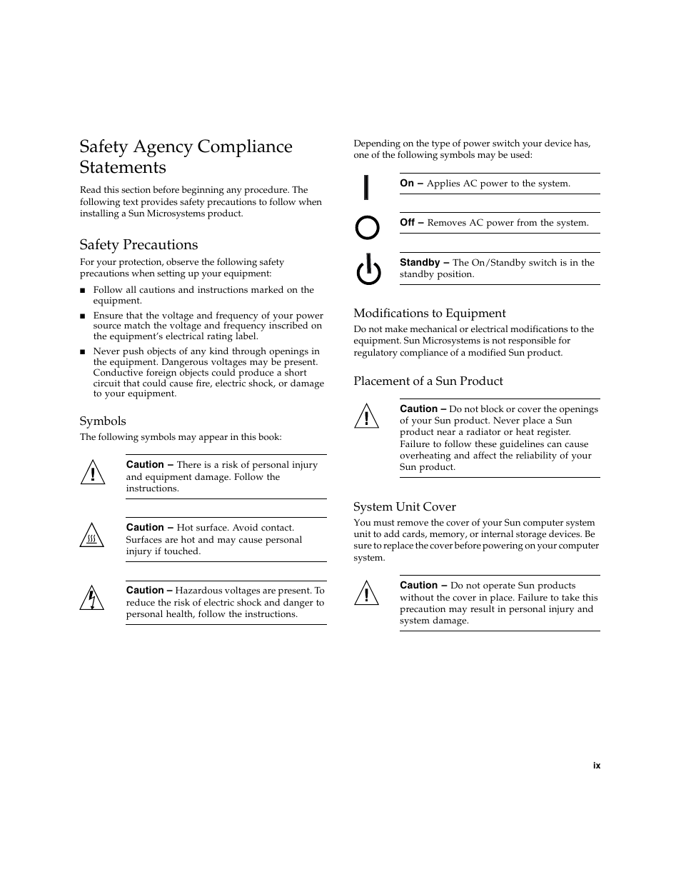 Safety agency compliance statements, Safety precautions, Symbols | Modifications to equipment, Placement of a sun product, System unit cover | Sun Microsystems 5945532 User Manual | Page 9 / 58