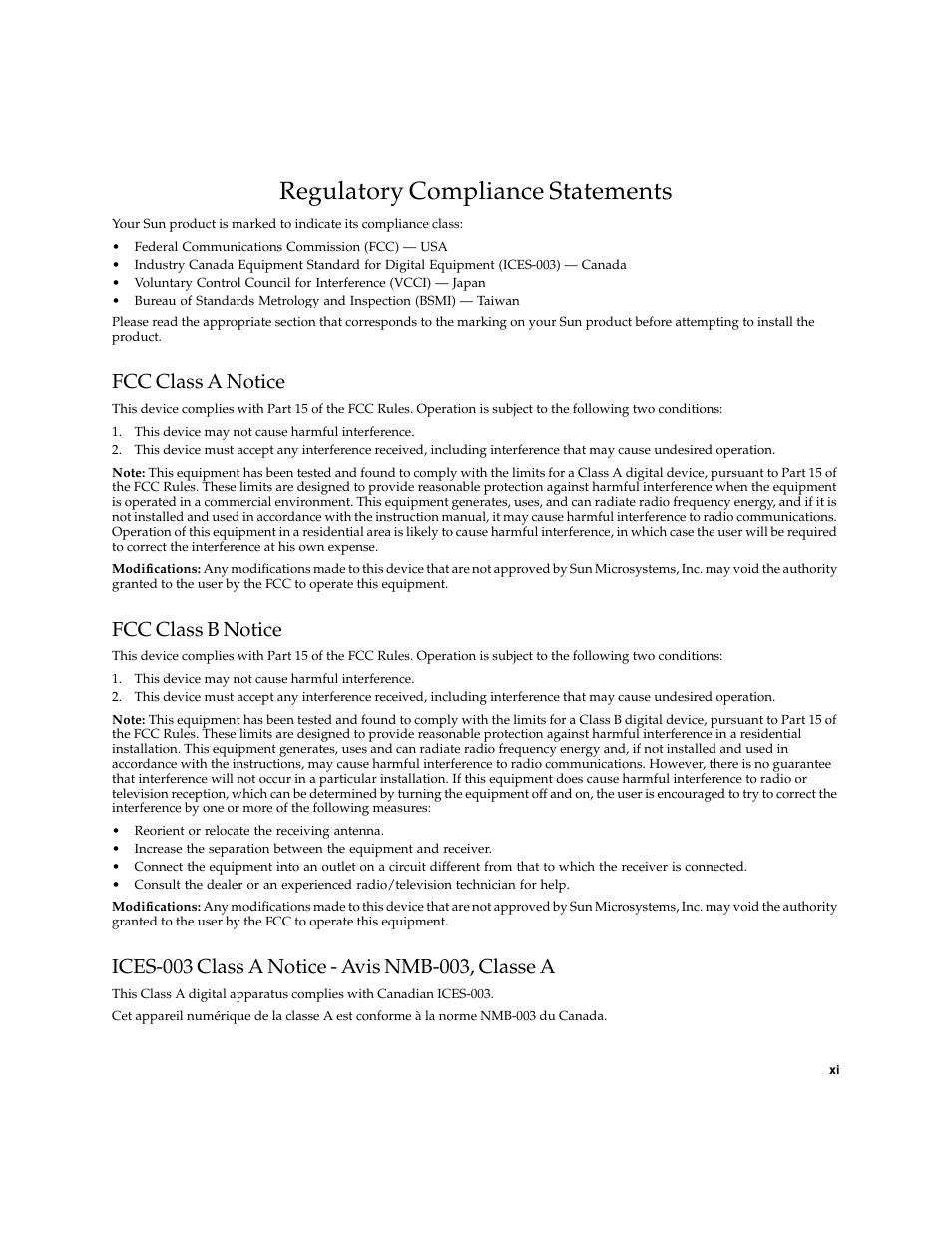 Regulatory compliance statements, Fcc class a notice, Fcc class b notice | Ices-003 class a notice - avis nmb-003, classe a | Sun Microsystems Interface Adapter User Manual | Page 11 / 66