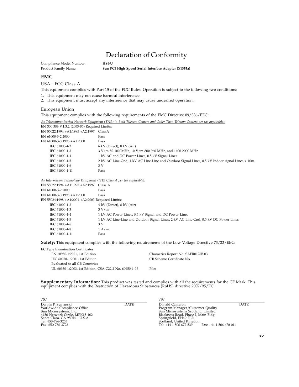 Declaration of conformity, Usa-fcc class a, European union | Usa—fcc class a, Safety, Supplementary information | Sun Microsystems Interface Adapter User Manual | Page 15 / 66