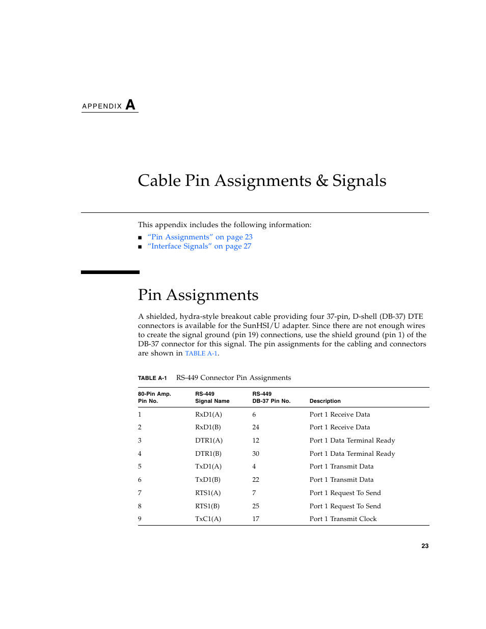 Cable pin assignments & signals, Pin assignments, Table a-1 | Sun Microsystems Interface Adapter User Manual | Page 43 / 66