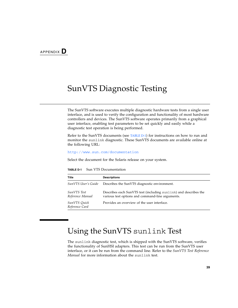 Sunvts diagnostic testing, Using the sunvts sunlink test, Using the sunvts sunlink | Table d-1 | Sun Microsystems Interface Adapter User Manual | Page 59 / 66