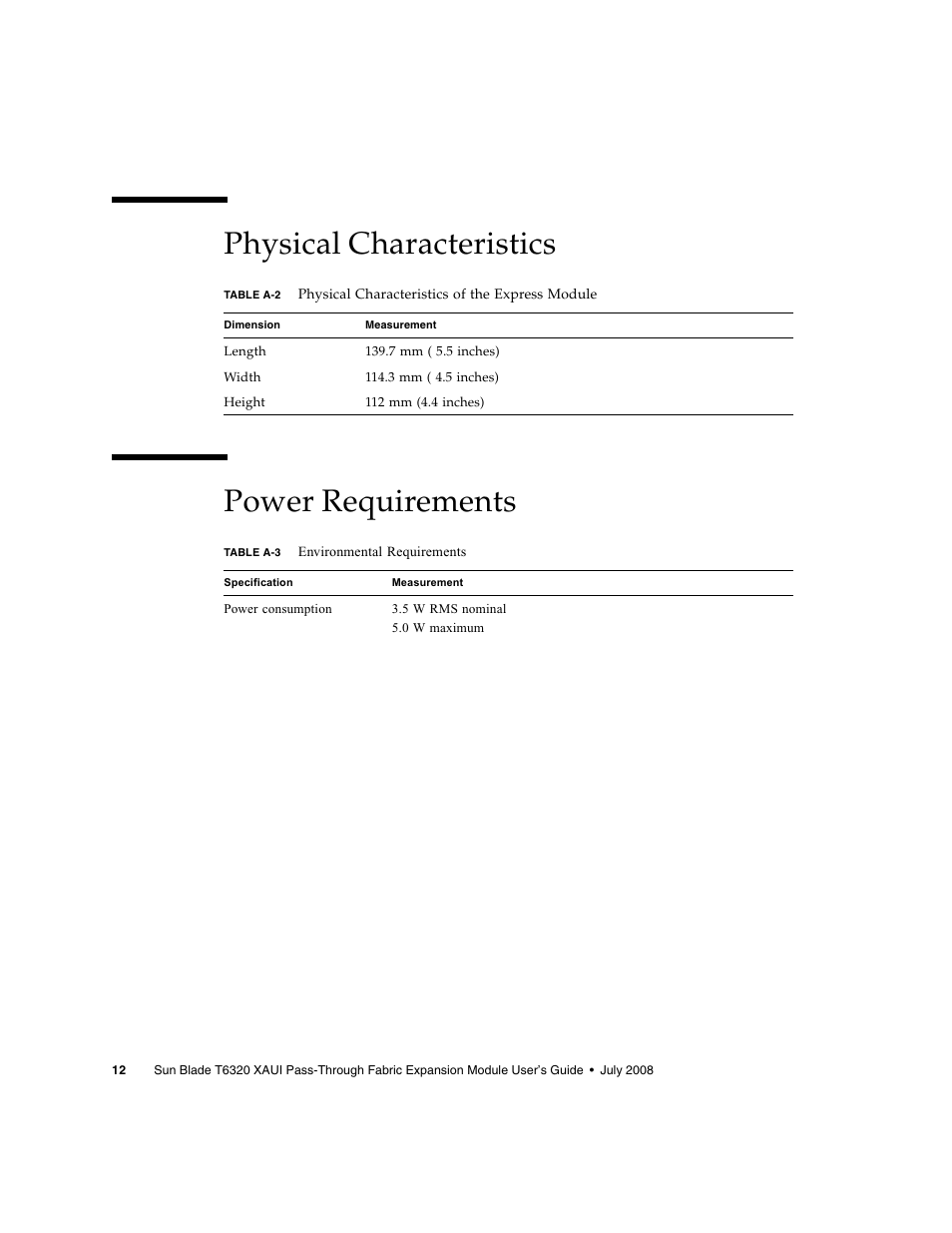 Physical characteristics, Power requirements, Physical characteristics power requirements | Sun Microsystems BLADE T6320 User Manual | Page 20 / 22
